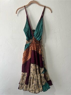 Zury Boho Patchwork V-Neck Silk Sundress in Teal, Maroon & Tan